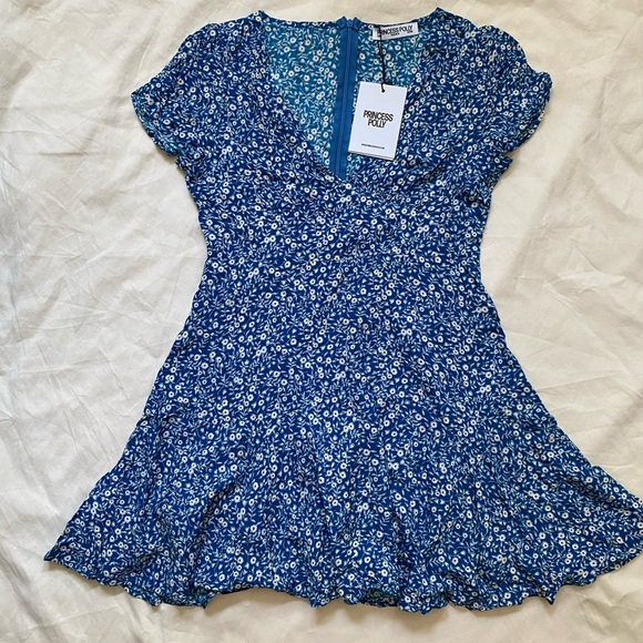 Princess Polly The Sting Blue and White Floral V-Neck Mini Dress Size 4 - Picture 1 of 10